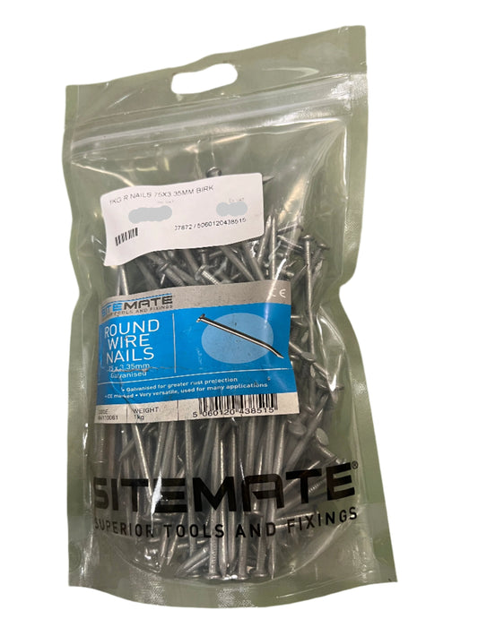 Sitemate Round Wire Nails 75 x 3.35mm Galvanised 1kg