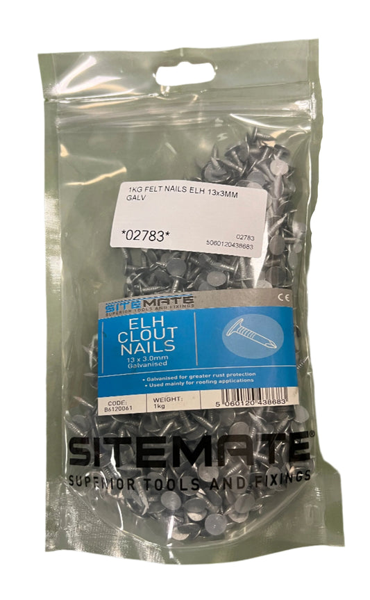 Sitemate Felt ELH Clout Nails 13 x 3.0mm Galvanised 1KG