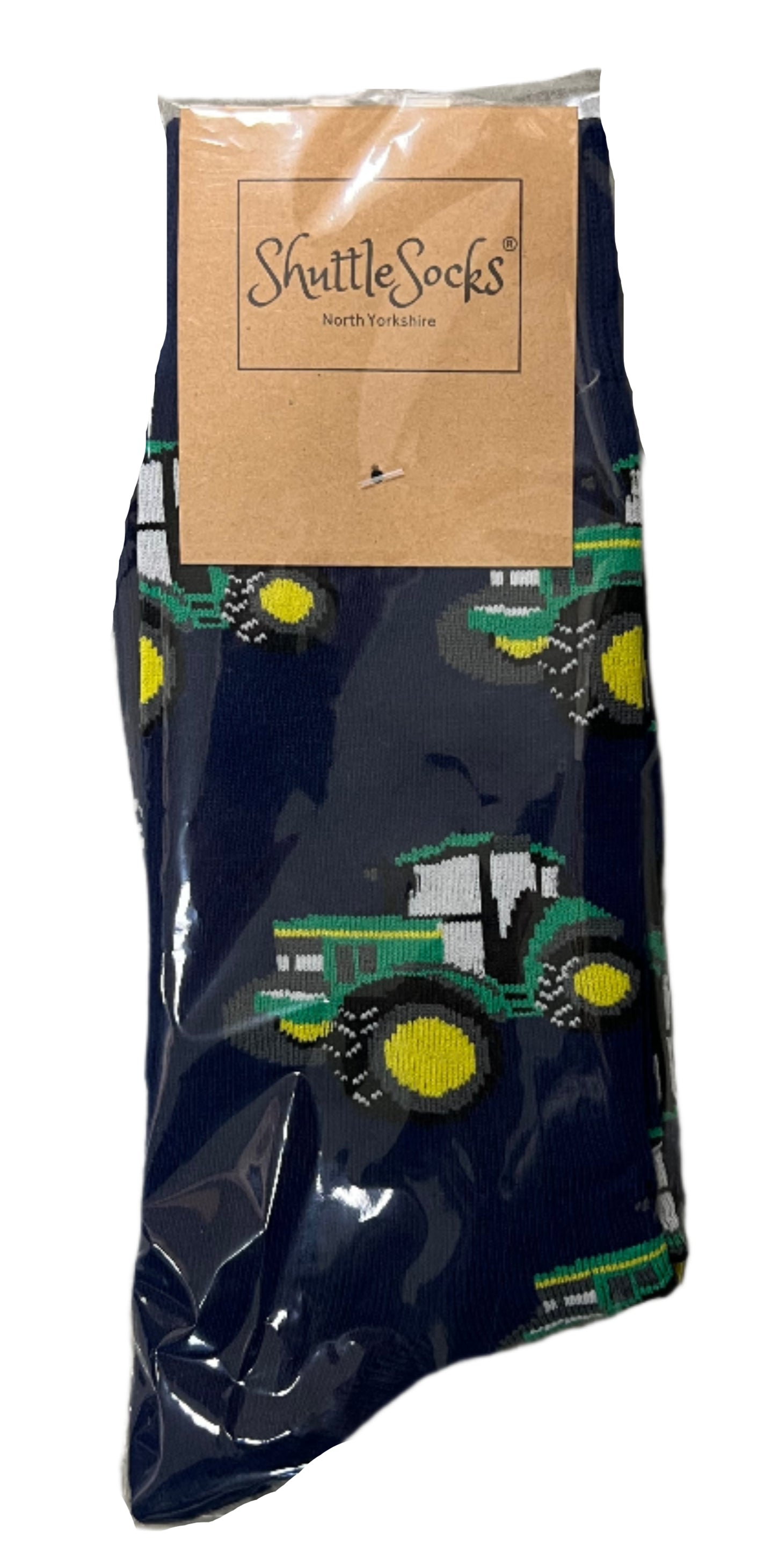 Shuttle Socks Navy Blue With Green Tractor Pattern Size UK 8-12