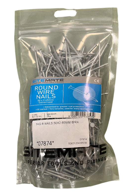 Sitemate Round Wire Nails 50 x 2.65mm Galvanised 1KG