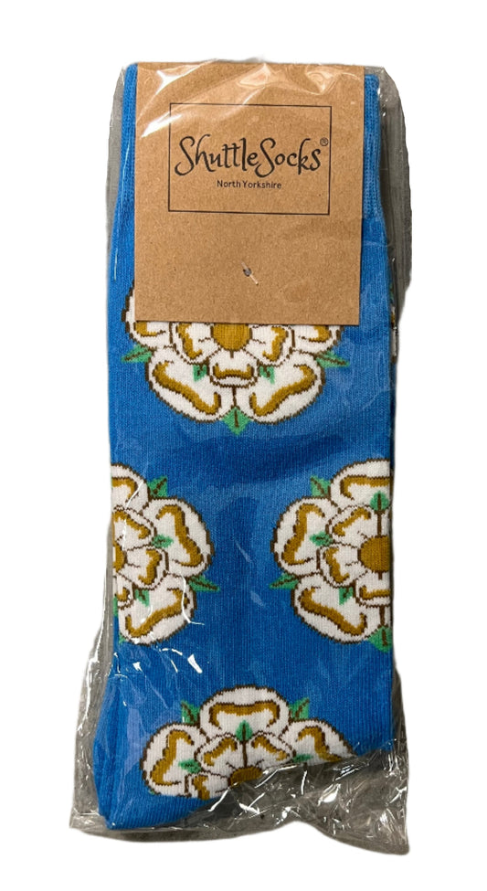 Shuttle Socks Blue Yorkshire Rose Pattern Size UK 8-12