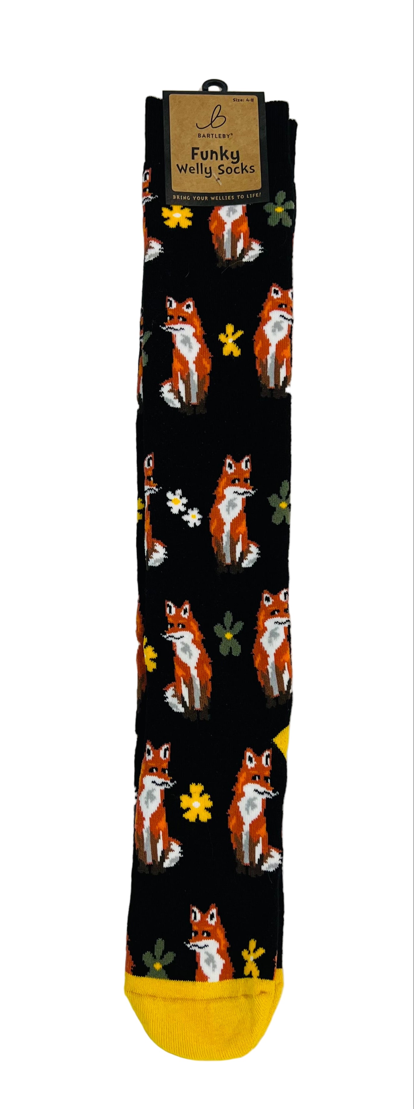 Cunning Fox Welly Socks — Women’s 4–8 (Black, Funky Design)