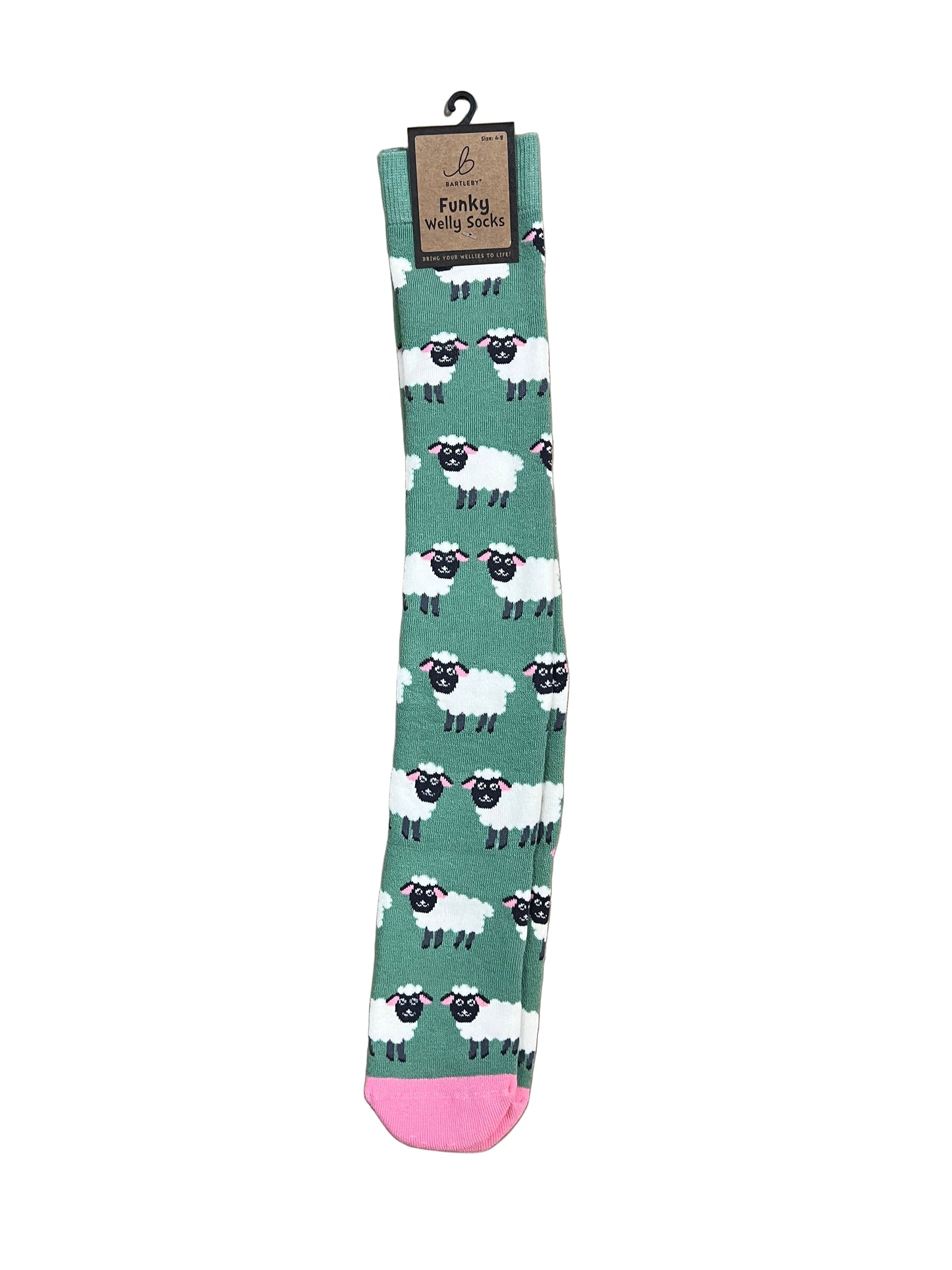 Sheep Welly Socks — Women’s 4–8 (Green, Funky Design)