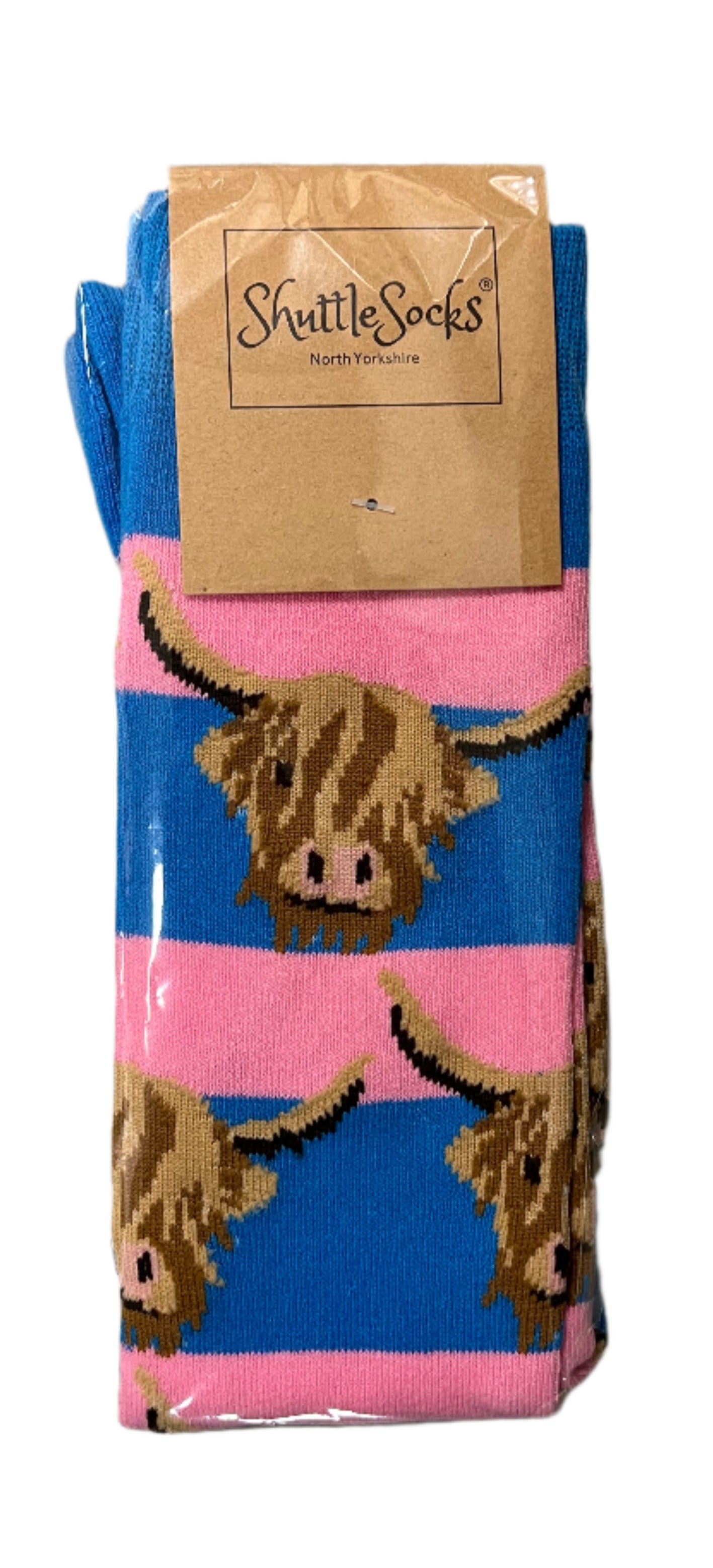 Shuttle Socks Pink/Blue Highland Cow Long Socks UK Size 3-7