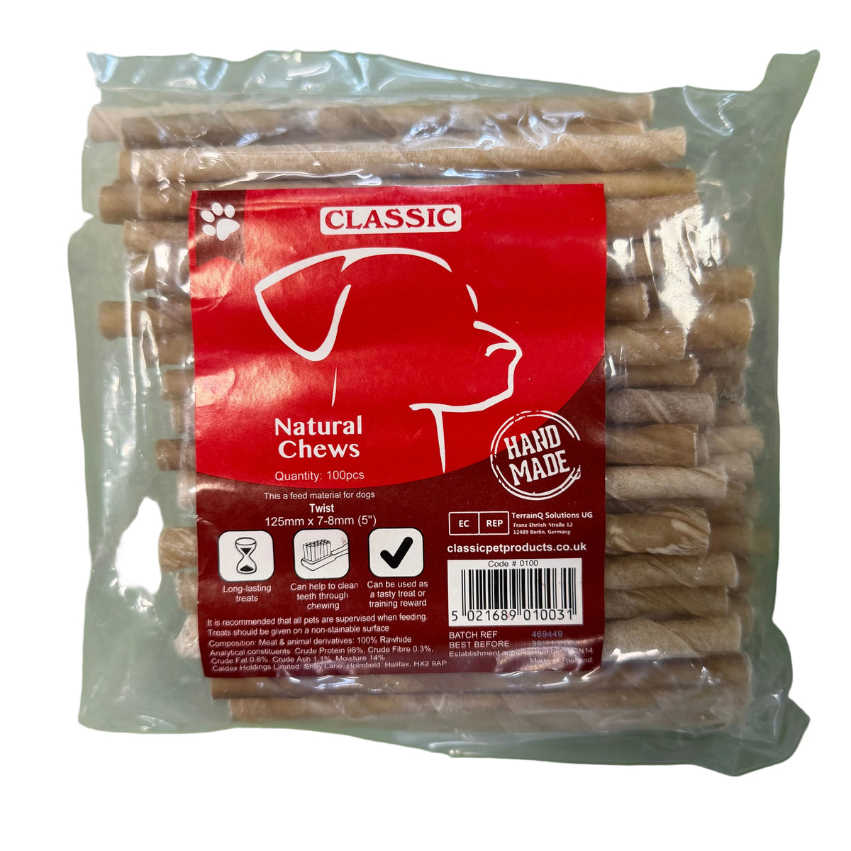 Classic Natural Rawhide Twist Dog Chews 125mm – 100 Pack