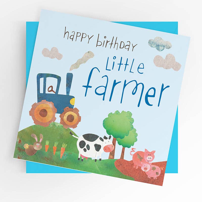 Little farmer birthday card, boy birthday, tractors, BLUE