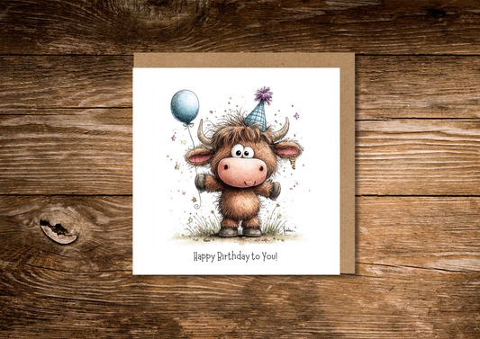 Cute Blue Highland Cow Birthday Card
