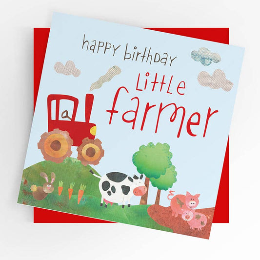 Little farmer birthday card, boy birthday, tractors, RED