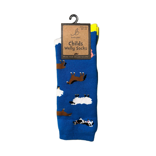 Bartleby Children’s Welly Socks – Blue Farm Animals Design (Size 12½–3)