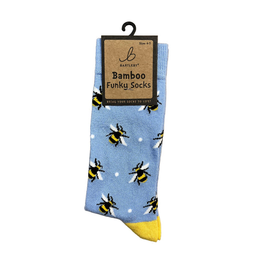 Bees Bamboo Socks – Women’s 4–7 (Pale Blue, Bumblebee Design)