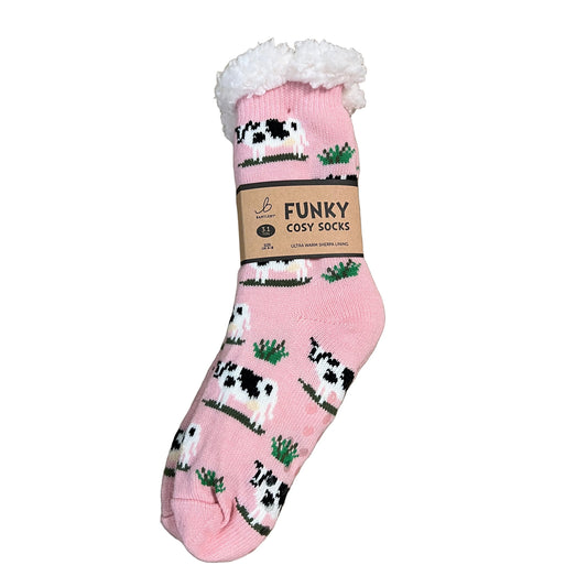 Black & White Cow Pink Sherpa Fleece Lined Cosy Socks — Women’s 4–8