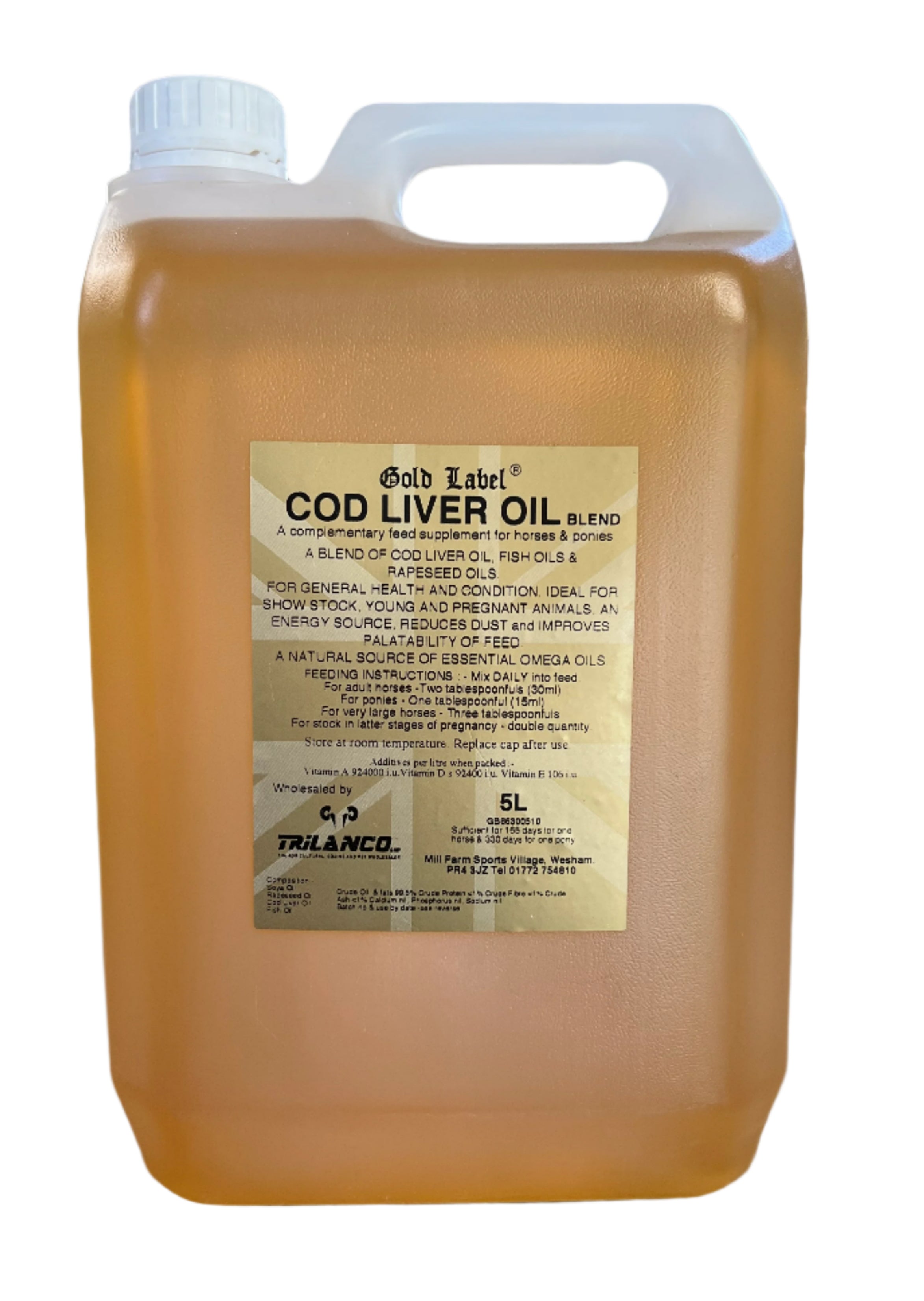 Cod Liquid Gold Label Cod Liver Oil – 5 Litre, Clear Liquid, For Horses, Livestock ...