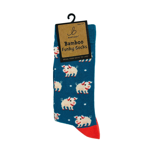 Funky Pigs Bamboo Socks – Women’s 4–7 (Petrol Blue, Fun Pigs Design)