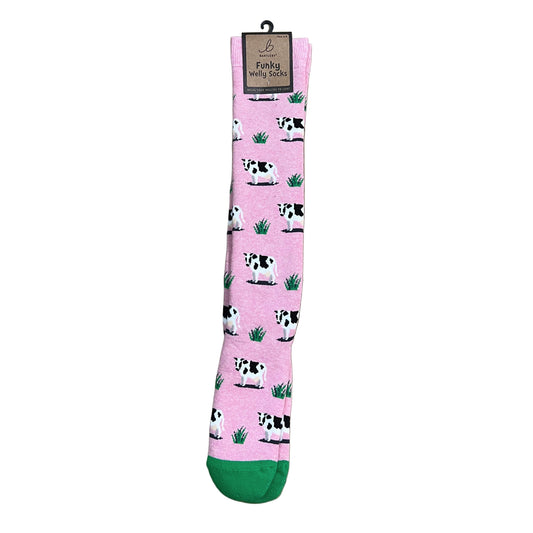 Grazing Cow Welly Socks — Women’s 4–8 (Pink, Funky Design)