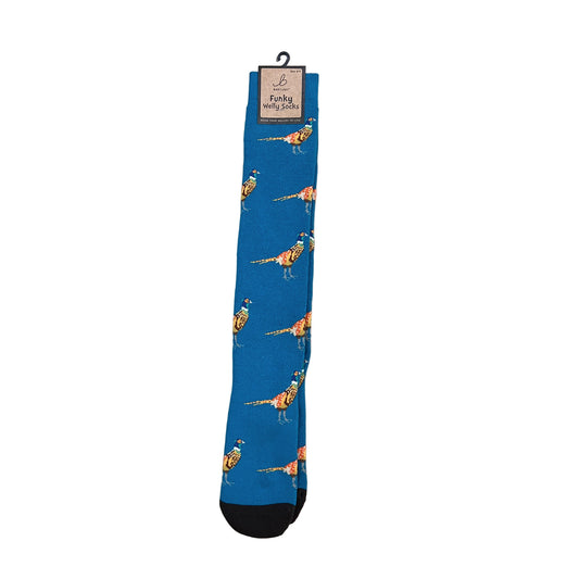 Pheasant Welly Socks — Men’s 6–11 (Blue, Funky Design)