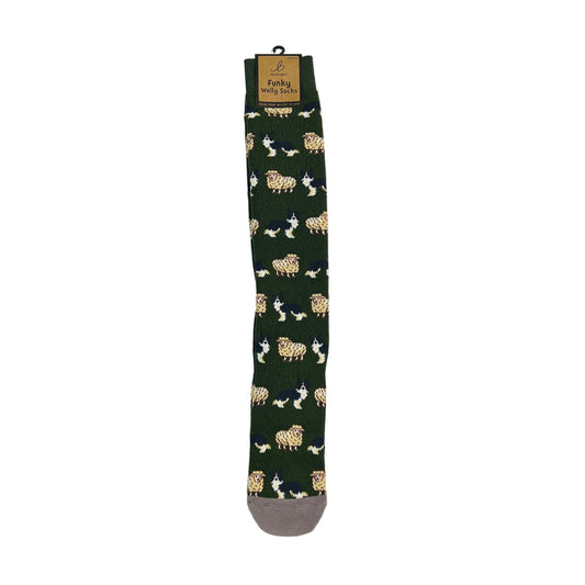 Sheep & Sheepdog Welly Socks — Men’s 6–11 (Green, Funky Design)