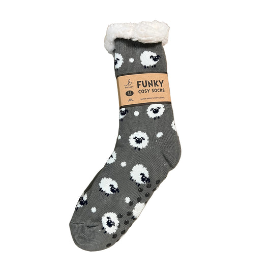 Sheep Sherpa Fleece Lined Funky Cosy Socks — Men’s 6–11 (Grey)