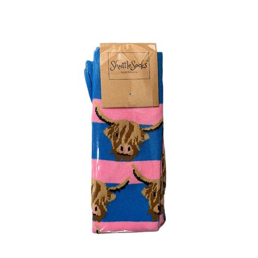 Shuttle Socks Pink/Blue Highland Cow Long Socks UK Size 3-7
