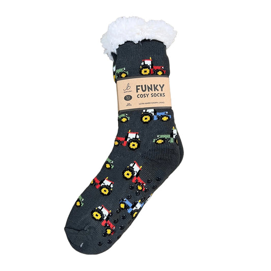 Tractor Sherpa Fleece Lined Funky Cosy Socks — Men’s 6–11 (Grey)