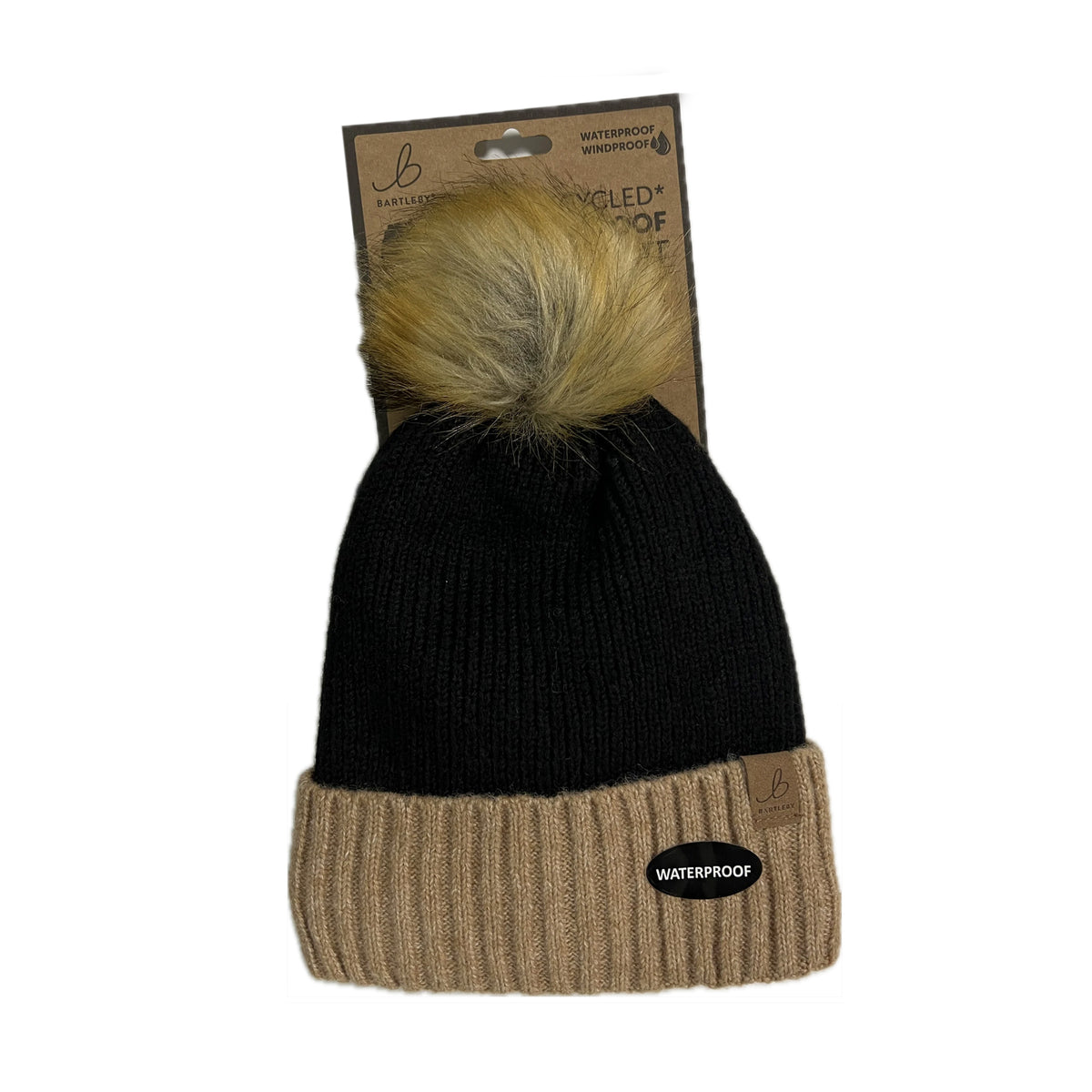Waterproof Sherpa Knitted Bobble Hat – Beige/White & Black/Beige