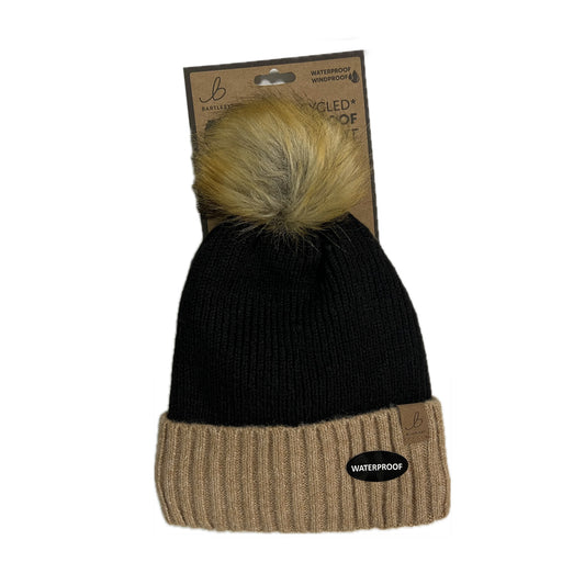 Waterproof Sherpa Knitted Bobble Hat – Beige/White & Black/Beige