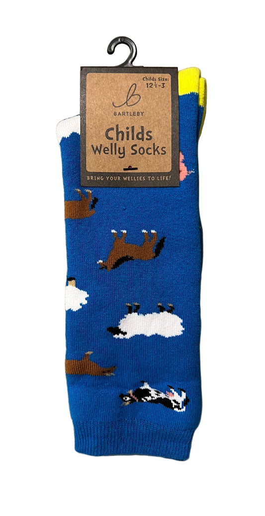 Bartleby Children’s Welly Socks – Blue Farm Animals Design (Size 12½–3)