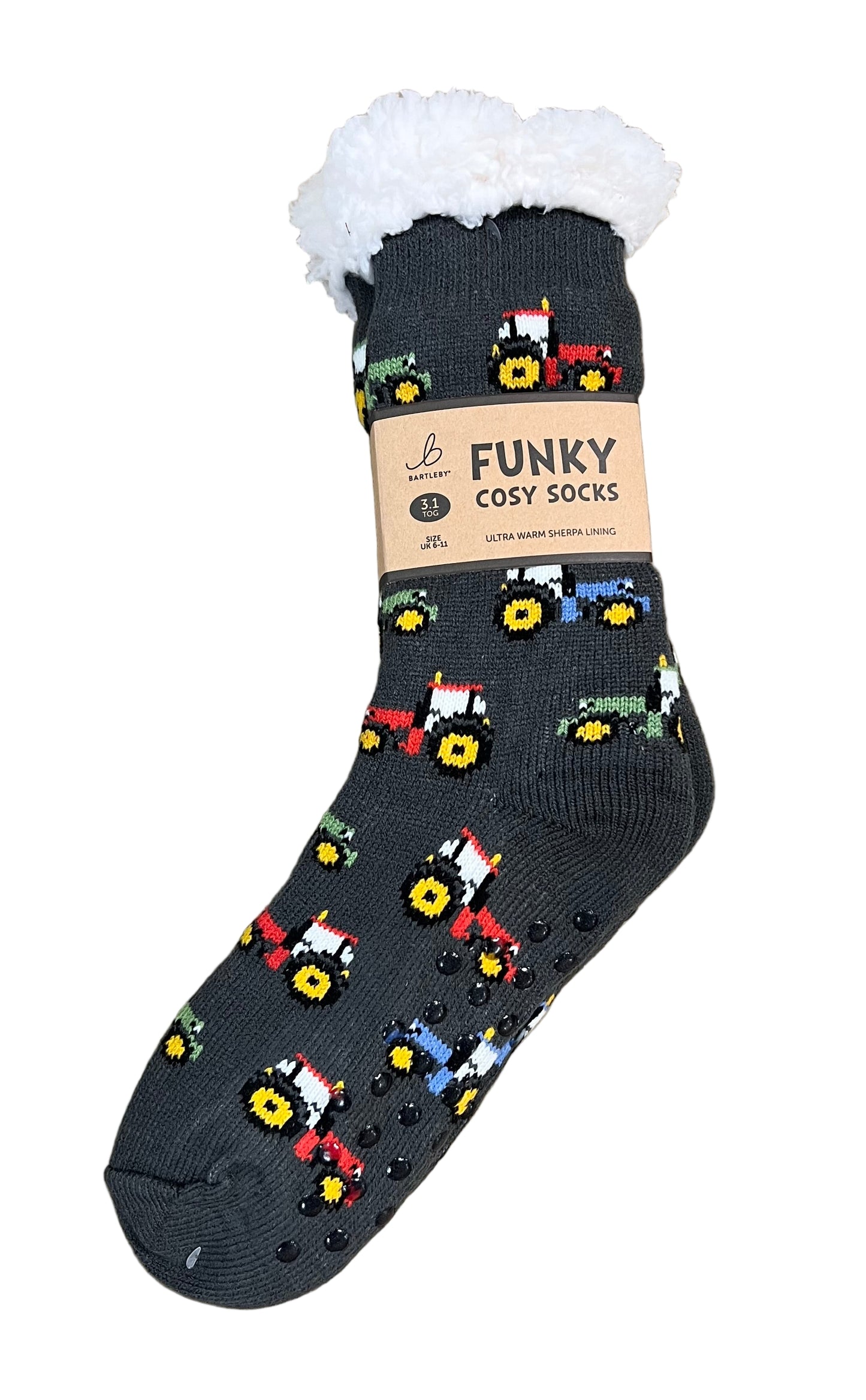 Tractor Sherpa Fleece Lined Funky Cosy Socks — Men’s 6–11 (Grey)