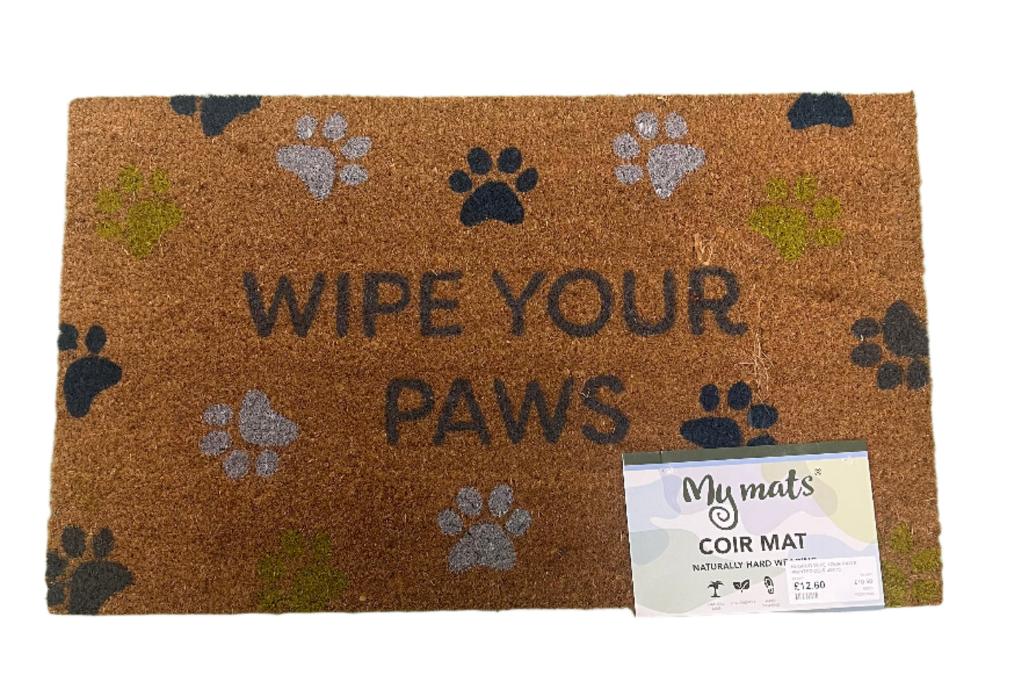 My Mats Coir Mat Printed Wipe Your Paws & Paw Prints Measures 45x75cm