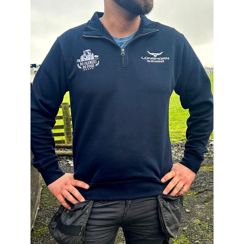 Horner Longhorn Shearing 'No Farmers, No Food' Navy 1⁄4 Zip Sweat