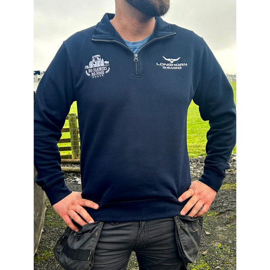 Horner Longhorn Shearing 'No Farmers, No Food' Navy 1⁄4 Zip Sweat