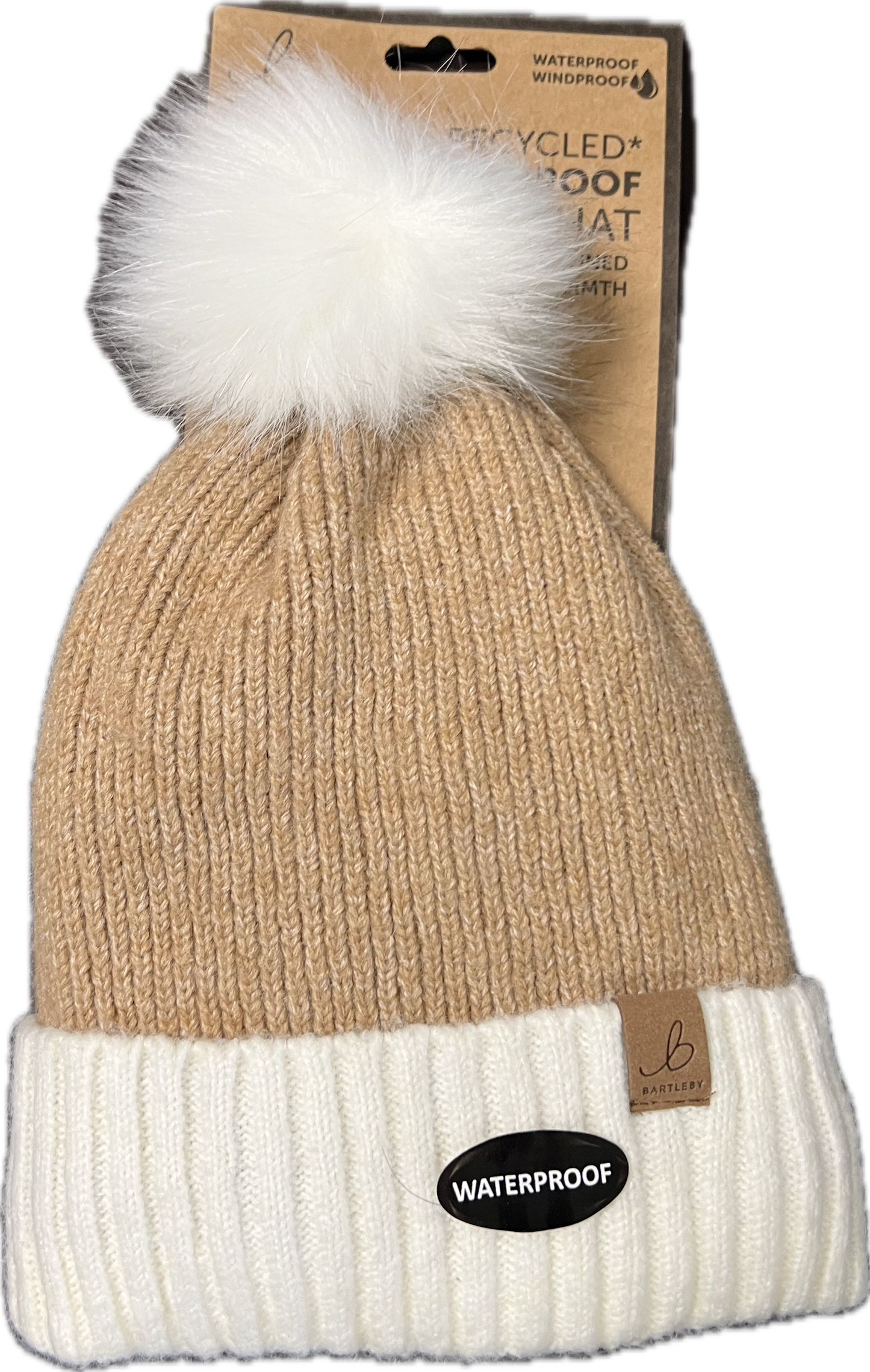 Waterproof Sherpa Knitted Bobble Hat – Beige/White & Black/Beige