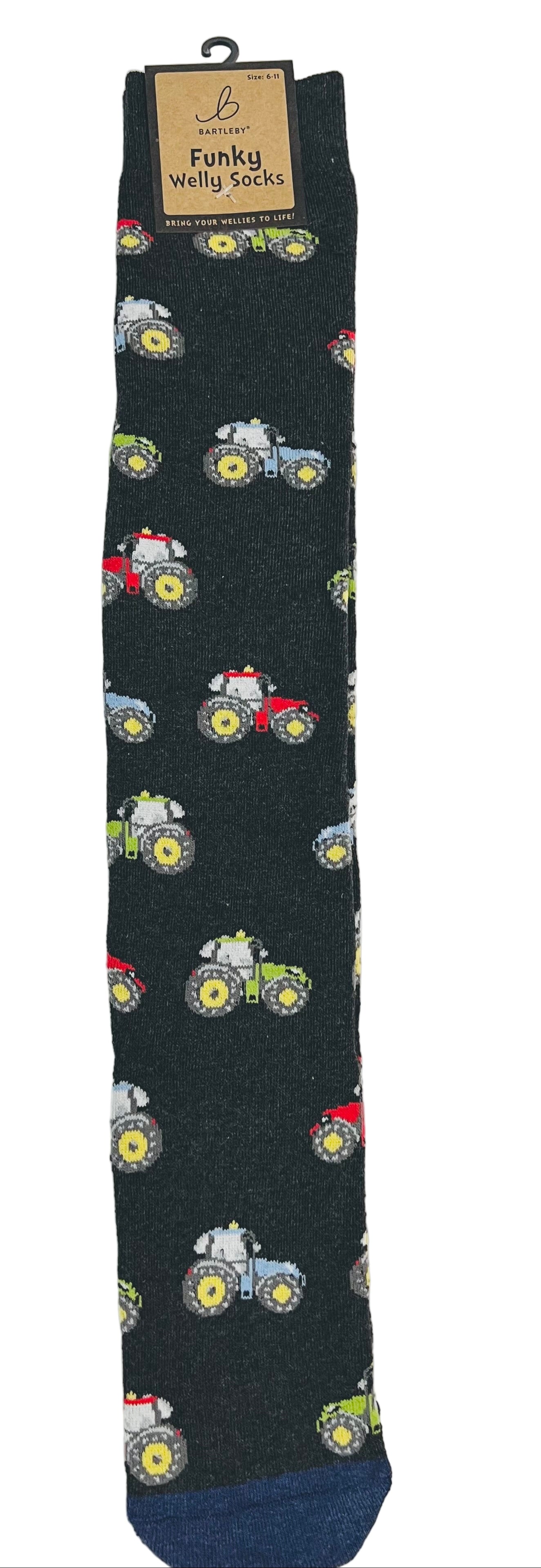 Colourful Tractors Welly Socks — Men’s 6–11 (Grey, Funky Design)